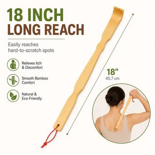Alt view image 4 of 6 - QXWPBV 4-Pack Bamboo Back Scratchers, 18-Inch Long Handle Wooden Back Scratcher for Itch Relief with Hanging Loops for Adults, Men, Women and Seniors