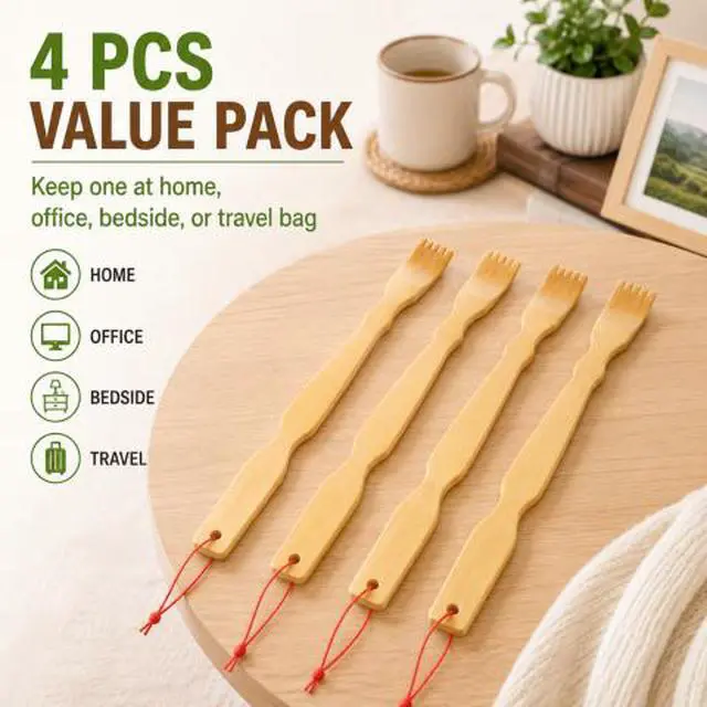 Alt view image 2 of 6 - QXWPBV 4-Pack Bamboo Back Scratchers, 18-Inch Long Handle Wooden Back Scratcher for Itch Relief with Hanging Loops for Adults, Men, Women and Seniors
