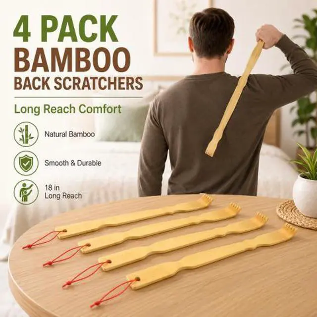 Main image of QXWPBV 4-Pack Bamboo Back Scratchers, 18-Inch Long Handle Wooden Back Scratcher for Itch Relief with Hanging Loops for Adults, Men, Women and Seniors