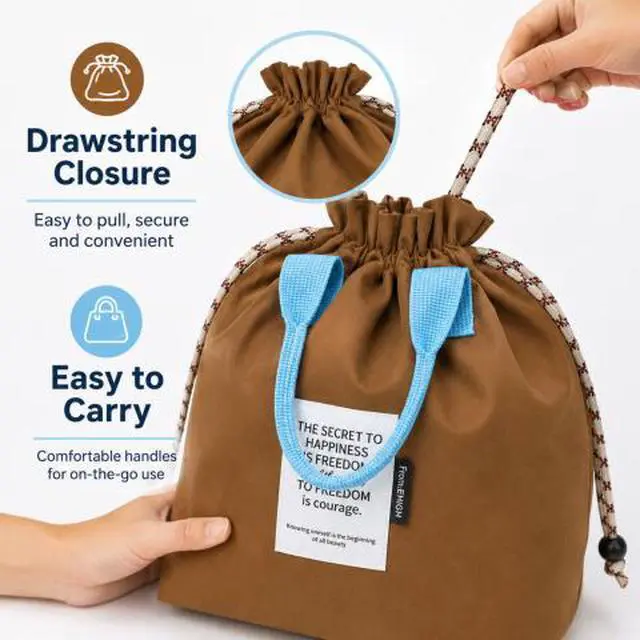 Alt view image 3 of 7 - QXWPBV Insulated Lunch Bag, Drawstring Bento Lunch Tote with Thermal Lining and Inner Mesh Pocket for Work, Office, Picnic and Travel, Brown