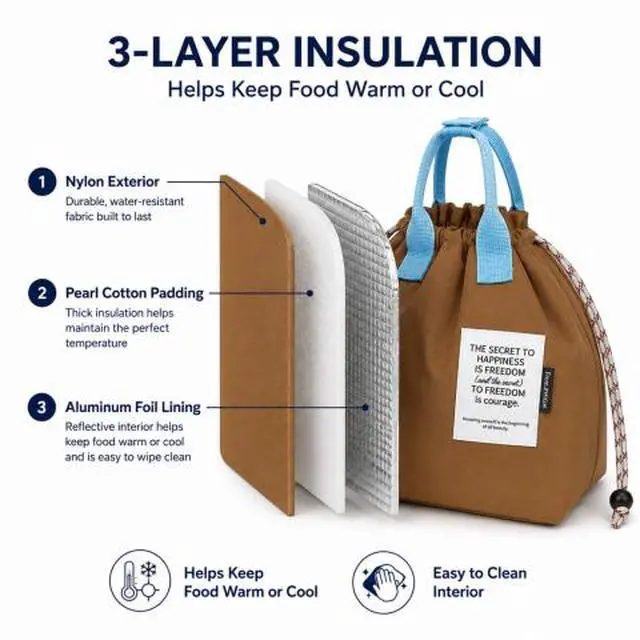 Alt view image 2 of 7 - QXWPBV Insulated Lunch Bag, Drawstring Bento Lunch Tote with Thermal Lining and Inner Mesh Pocket for Work, Office, Picnic and Travel, Brown