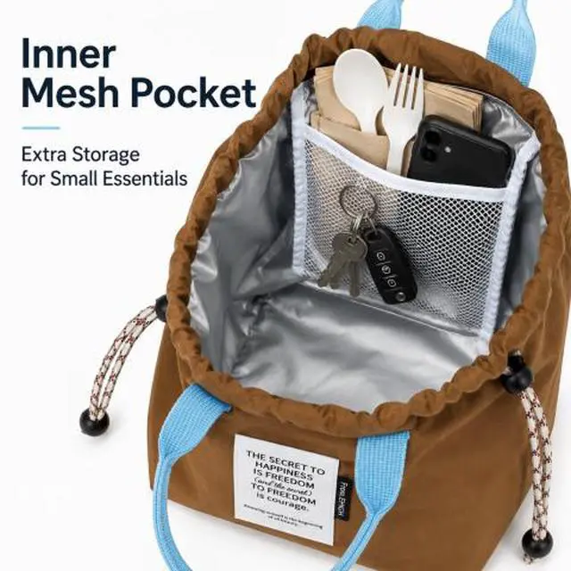 Alt view image 6 of 7 - QXWPBV Insulated Lunch Bag, Drawstring Bento Lunch Tote with Thermal Lining and Inner Mesh Pocket for Work, Office, Picnic and Travel, Brown