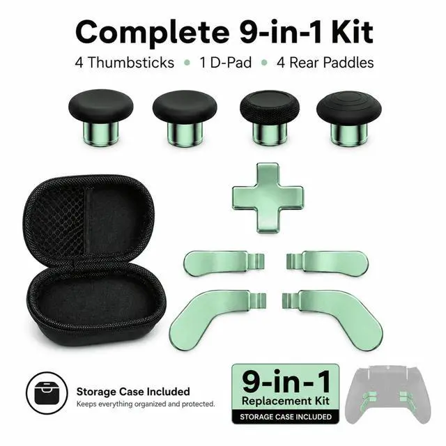 Main image of QXWPBV 9-in-1 Replacement Kit for Xbox Elite Series 2 and Series 2 Core Model 1797 Controllers, Thumbsticks, D-Pad, Back Paddles and Storage Case, Green