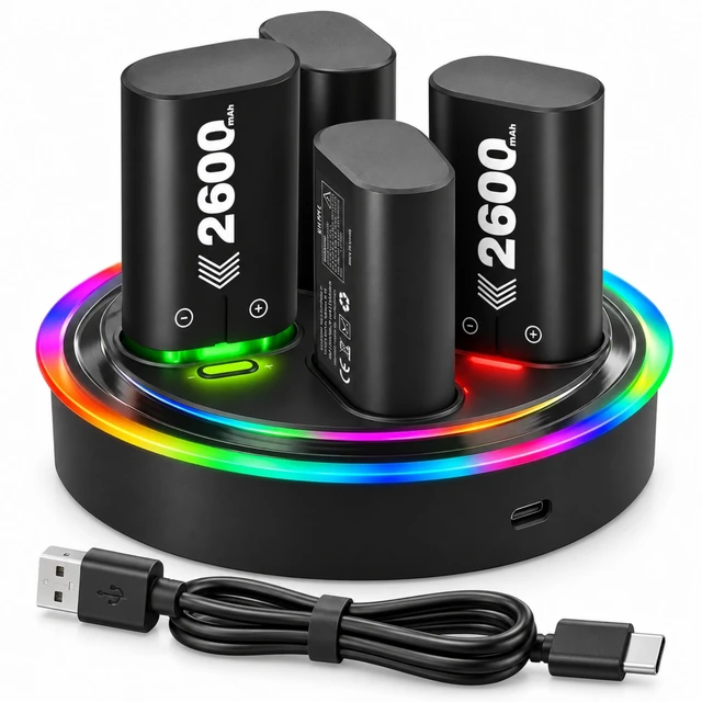 Main image of QXWPBV Rechargeable Battery Packs for Xbox Controllers, 4-Pack with Charger