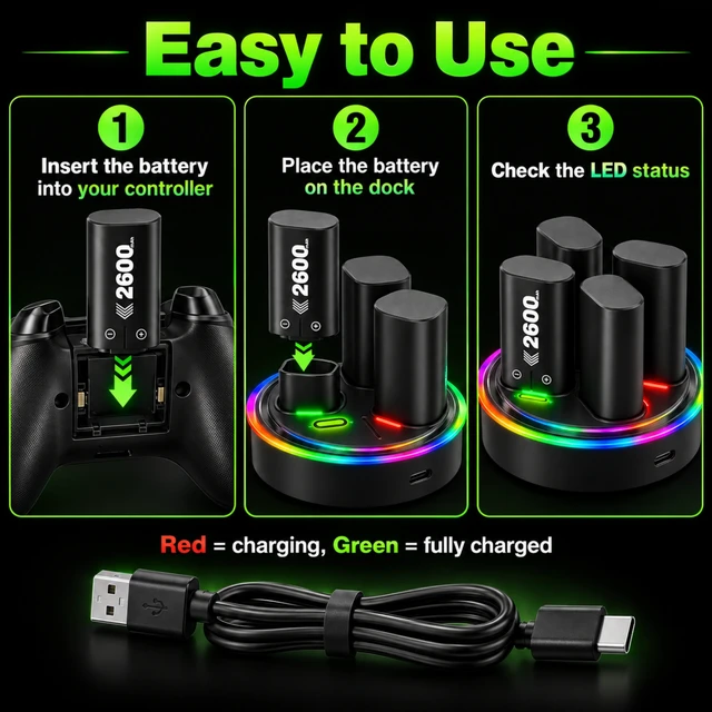 Alt view image 7 of 7 - QXWPBV Rechargeable Battery Packs for Xbox Controllers, 4-Pack with Charger