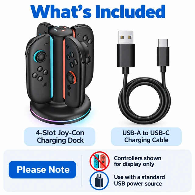 Alt view image 7 of 7 - QXWPBV 4-Slot Charging Dock for Nintendo Switch 2 Joy-Con 2 Controllers, RGB Charging Station with LED Indicators, Black