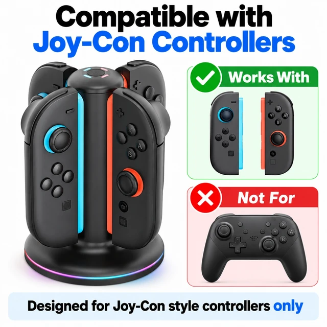Alt view image 6 of 7 - QXWPBV 4-Slot Charging Dock for Nintendo Switch 2 Joy-Con 2 Controllers, RGB Charging Station with LED Indicators, Black