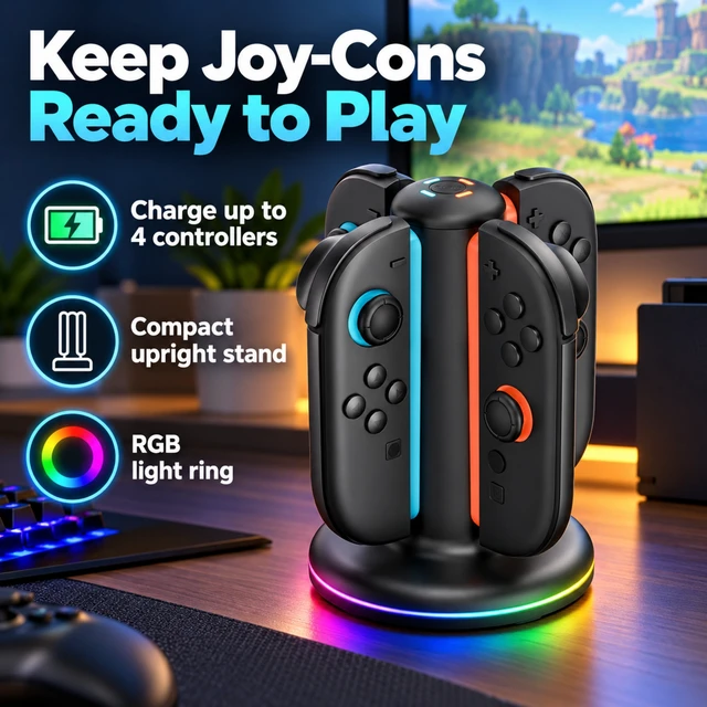Alt view image 2 of 7 - QXWPBV 4-Slot Charging Dock for Nintendo Switch 2 Joy-Con 2 Controllers, RGB Charging Station with LED Indicators, Black