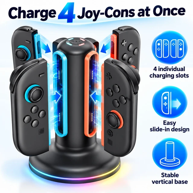 Alt view image 3 of 7 - QXWPBV 4-Slot Charging Dock for Nintendo Switch 2 Joy-Con 2 Controllers, RGB Charging Station with LED Indicators, Black