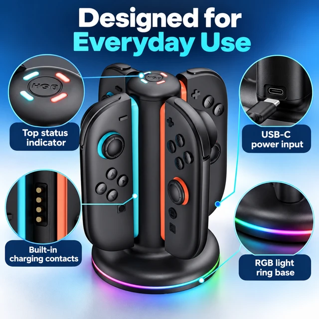 Alt view image 5 of 7 - QXWPBV 4-Slot Charging Dock for Nintendo Switch 2 Joy-Con 2 Controllers, RGB Charging Station with LED Indicators, Black