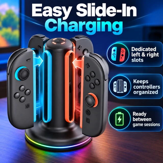 Alt view image 4 of 7 - QXWPBV 4-Slot Charging Dock for Nintendo Switch 2 Joy-Con 2 Controllers, RGB Charging Station with LED Indicators, Black