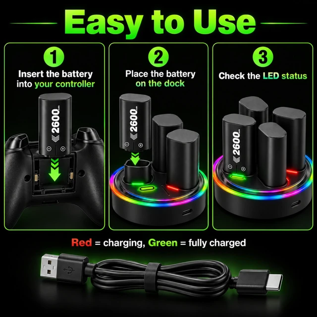 Alt view image 7 of 7 - QXWPBV Rechargeable Battery Packs for Xbox Controllers, 4-Pack with Charger