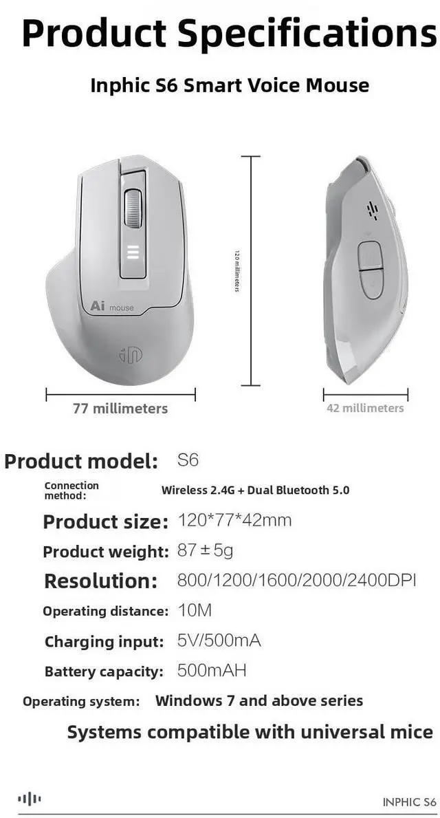 Alt view image 2 of 2 - S6 Voice Mouse Wireless Bluetooth Charging Mute Intelligent Voice Control Typing AI Office Home
