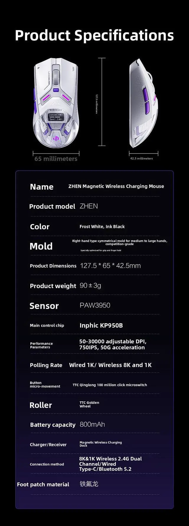 Alt view image 2 of 2 - Zhen Wireless Bluetooth Three-Mode Mouse E-Sports Games Wired Magnetic Wireless Charging Vibration