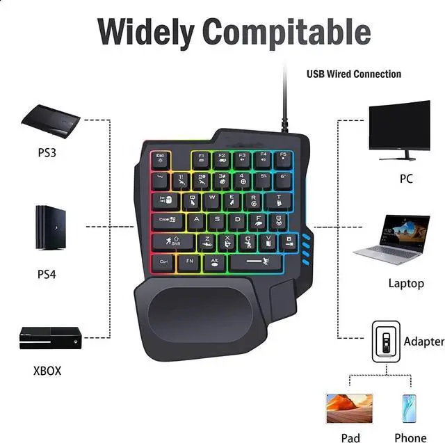 Alt view image 4 of 5 - DOCTOR METAL One-Handed Gaming Keyboard, 35 Keys, 3 Color Backlight, Wide Palm Rest, Gaming Keyboard for Computer for Mobile Games