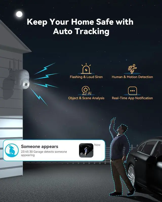 Alt view image 4 of 7 - 2Pack Security Cameras Outdoor Wired, 2K 360° PTZ Outdoor Security Camera, Weatherproof, 24/7 Recording with SD Card, Color Night Vision, AI Human Tracking, 2.4/5GHz WiFi6, Work with Alexa