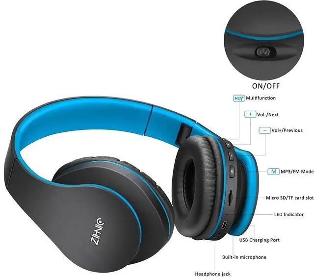 Alt view image 5 of 6 - Bluetooth Headphones Over-Ear, Black/Blue