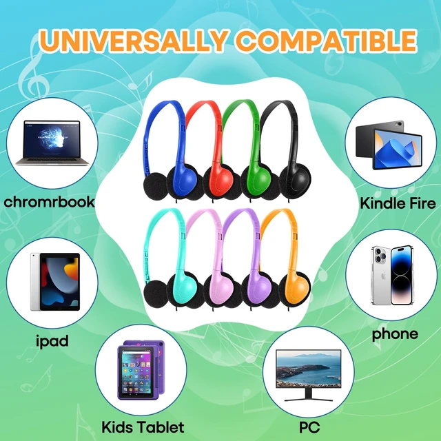 Alt view image 7 of 7 - 100 Pack Bulk Headphones for Classroom School Kids, Wholesale Class Set Durable Headset for Student Boys Girls Adults, Wired Earphones with 3.5mm Jack for Computer Chromebook (HY857,100 Mixed)