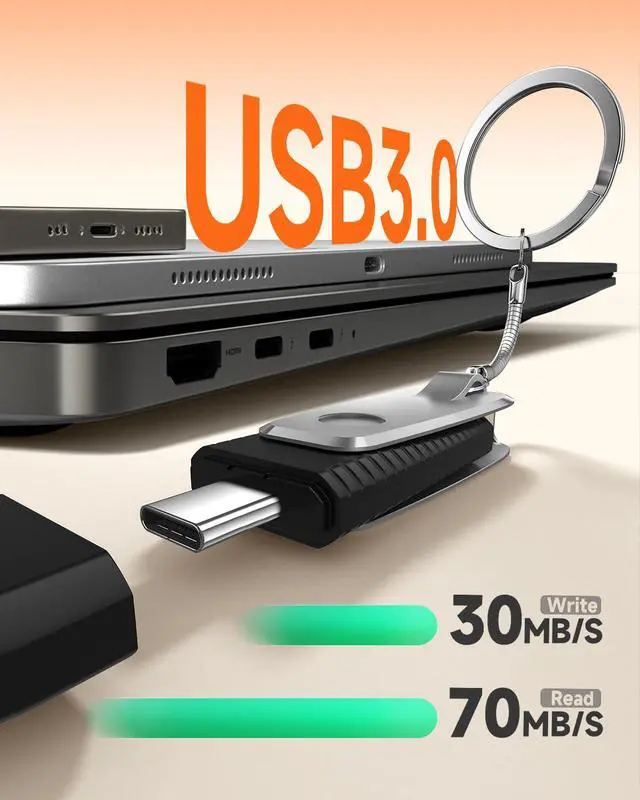Alt view image 5 of 7 - 32GB USB C and A 3.1 Dual Flash Drive with Keychain, Silver
