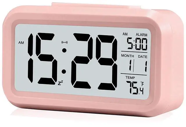 Main image of Digital Alarm Clock with LCD Display, Desk Smart Electronic Small Clock with Indoor Temperature, Date, Light Sensor, Backlight, Battery Operated, for Home Bedroom Kids Office (Pink)
