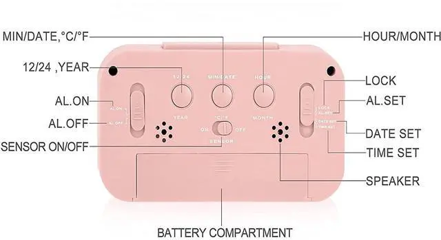 Alt view image 3 of 6 - Digital Alarm Clock with LCD Display, Desk Smart Electronic Small Clock with Indoor Temperature, Date, Light Sensor, Backlight, Battery Operated, for Home Bedroom Kids Office (Pink)