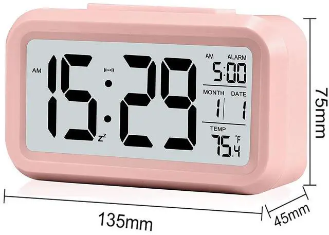 Alt view image 2 of 6 - Digital Alarm Clock with LCD Display, Desk Smart Electronic Small Clock with Indoor Temperature, Date, Light Sensor, Backlight, Battery Operated, for Home Bedroom Kids Office (Pink)