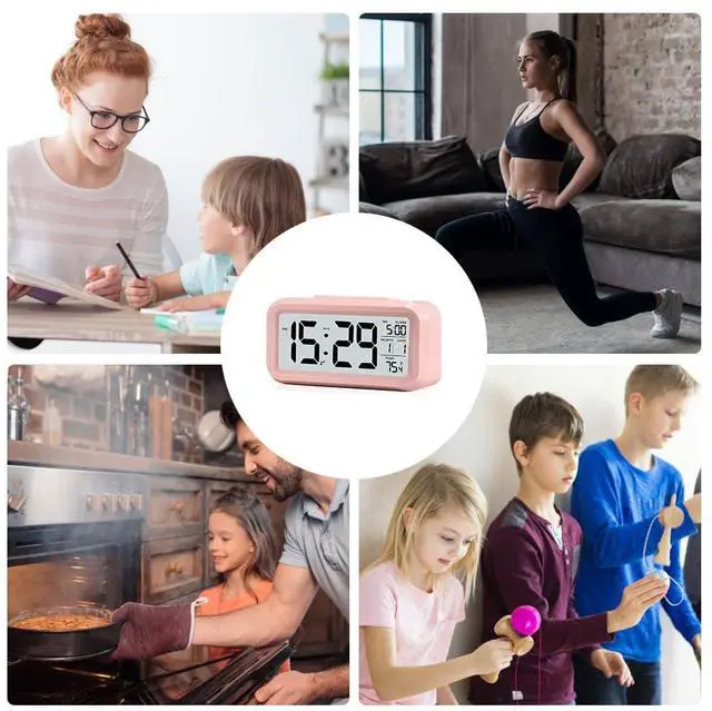 Alt view image 4 of 6 - Digital Alarm Clock with LCD Display, Desk Smart Electronic Small Clock with Indoor Temperature, Date, Light Sensor, Backlight, Battery Operated, for Home Bedroom Kids Office (Pink)