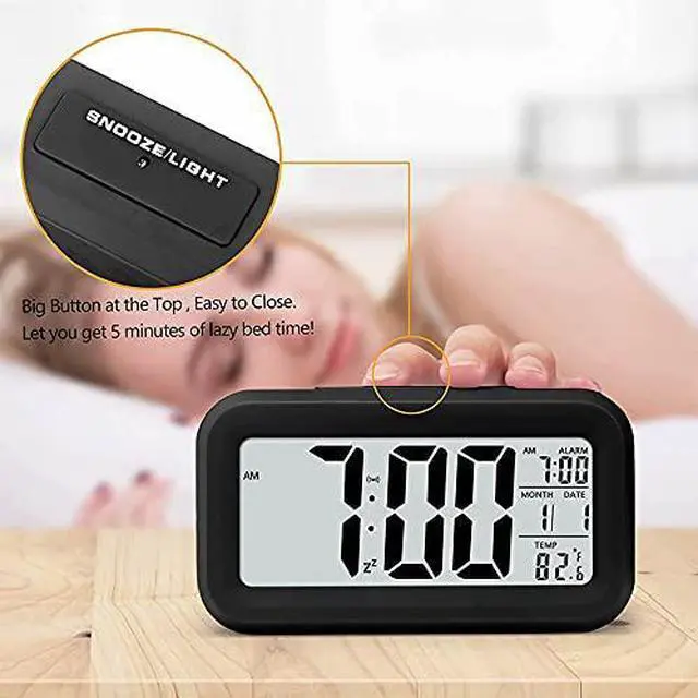 Alt view image 5 of 6 - Digital Alarm Clock with LCD Display, Desk Smart Electronic Small Clock with Indoor Temperature, Date, Light Sensor, Backlight, Battery Operated, for Home Bedroom Kids Office (Pink)