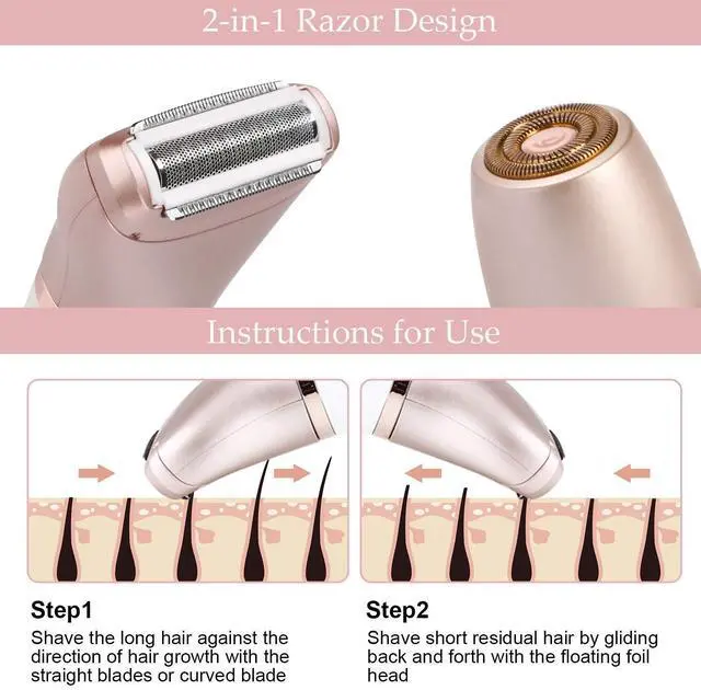 Alt view image 2 of 7 - Electric Razors for Women - Painless 2-in-1 Shaver for Women Hair Remover for Face, Legs and Underarm Wet & Dry, Portable Bikini Trimmer, Lady Hair Removal with 2 Trimmer Heads- Micro USB Recharge
