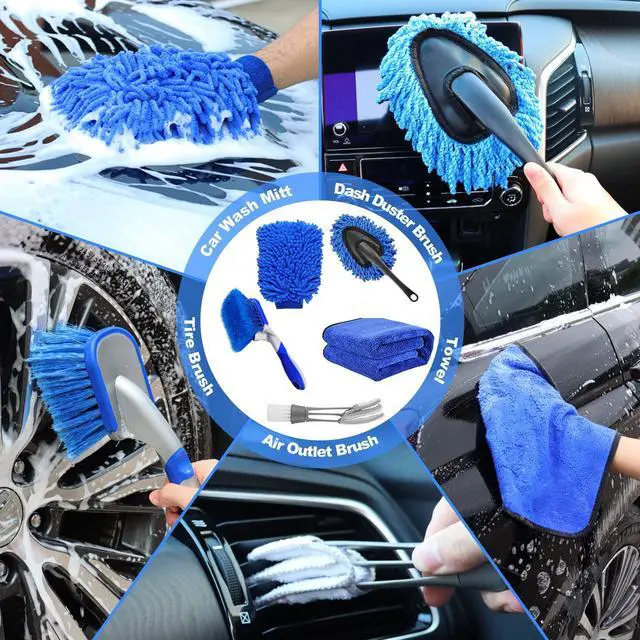 Alt view image 5 of 6 - 62'' Car Wash Brush Kit - Mitt, Mop, Sponge & Long Handle, Scratch-Free Chenille Replacement Head, Wheel Tire Brush, Car Detailing Kit for Cars, RV, Truck