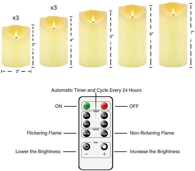 Alt view image 5 of 6 - Flameless Candles with Remote, Battery Operated Flickering Flameless Candles, LED Candles with Timer 2/4/6/8H, with Realistic LED Candles Set of 9 (D3 x H 3" 4" 5" 6" 7") (Ivory)