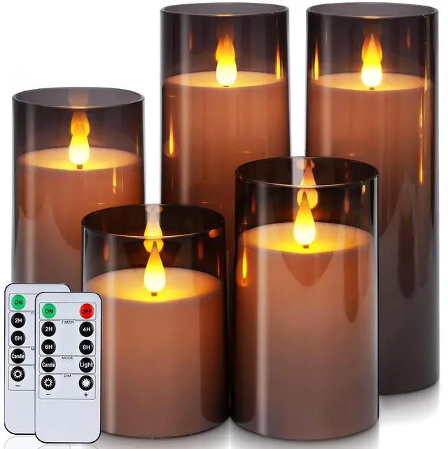 Main image of Gray Flickering Flameless Candles, Battery Operated Acrylic LED Pillar Candles with Remote Control and Timer, Halloween Decor, Set of 5