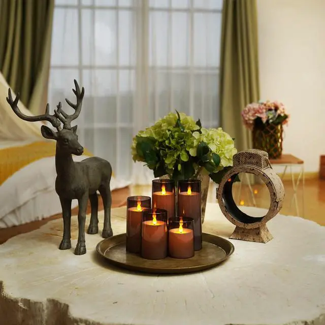 Alt view image 3 of 7 - Gray Flickering Flameless Candles, Battery Operated Acrylic LED Pillar Candles with Remote Control and Timer, Halloween Decor, Set of 5