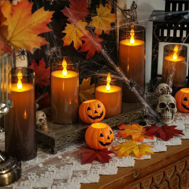 Alt view image 5 of 7 - Gray Flickering Flameless Candles, Battery Operated Acrylic LED Pillar Candles with Remote Control and Timer, Halloween Decor, Set of 5