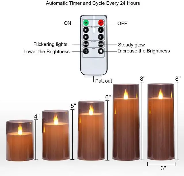 Alt view image 6 of 7 - Gray Flickering Flameless Candles, Battery Operated Acrylic LED Pillar Candles with Remote Control and Timer, Halloween Decor, Set of 5