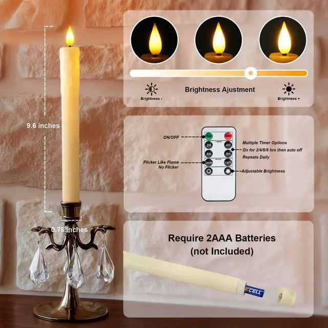 Alt view image 5 of 7 - 2 PCS Flameless Taper Candles with Remote and Timer, 9.6 inch Ivory LED Candle Sticks Battery Operated, Dripless Real Wax Window Candles with 3D Flickering Flame for Fireplace Christmas