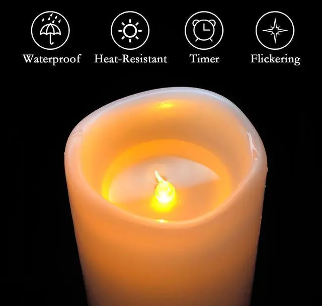 Alt view image 5 of 7 - 10" x 4" Large Waterproof Outdoor Flameless Candles with Remote Control and Timer, Battery Operated Flickering LED Pillar Candles for Outdoor Larterns, Porch, Long Lasting, Set of 2
