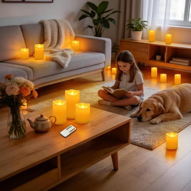 Alt view image 7 of 7 - Flameless Candles 4" 5" 6" Set of 6 Outdoor Indoor Pillars Battery Operated Flickering Candles Include 8-Key Remote Timer Function, Ivory Fake Plastic Candles for Wedding, Aniversary,Christmas Decor