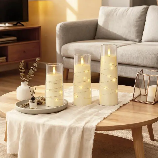 Alt view image 3 of 7 - Flameless Candle with Remote Timer 9 Flickering Acrylic Battery Operated LED Pillar Candles with Embedded Star String for Christmas, Wedding, Home Decor, and as a Gift (Ivory White)