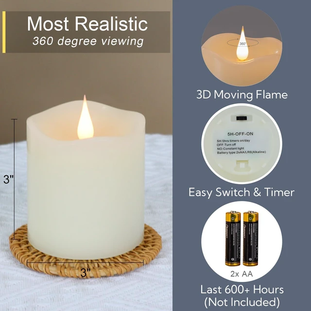 Alt view image 2 of 6 - Flameless Candles Battery Operated with Timer, 3D Moving Flame Flickering, Last 600+ Hours Battery Candles, 3" x 3" Ivory Real Wax Electric LED Candle for Wedding Party Decorations