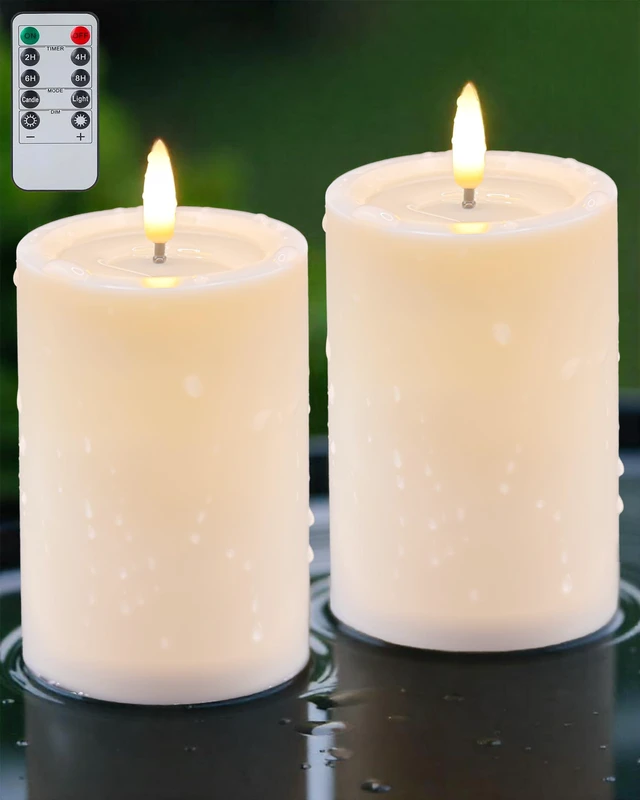 Main image of 3"x4" Outdoor Waterproof Flameless Candles with Remote Timers Battery | 2 Pack Ivory Battery Operated Candles, LED Candles, Electric Fake Candles for Patio, Porch, and Lanterns Decor (Plastic)