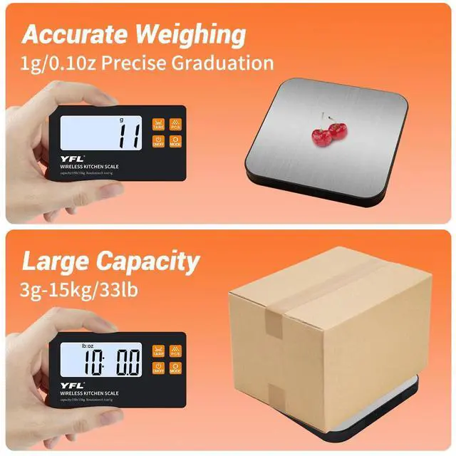 Alt view image 5 of 7 - Wireless Kitchen Scale with Detachable Remote Display, 33lb High Precision Digital Scale 1g/0.1oz, Tare Function 7 Units Food Scale for Cooking, Baking, Meal Prep & Dieting