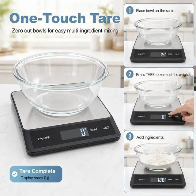Alt view image 4 of 7 - 33LB/15KG Digital Kitchen & Food Scale Waterproof Stainless Steel, USB Rechargeable, 1g Precision, Tare Function for Cooking, Baking, Meal Prep