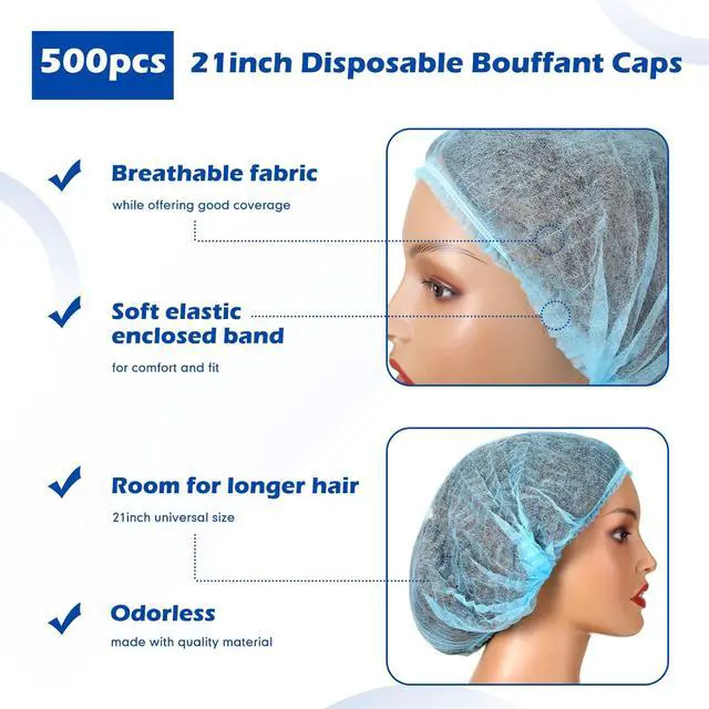 Alt view image 2 of 7 - 500 Pcs Disposable Bouffant Caps Bulk Disposable Cap for Hair Elastic Dust Hairnets for Food Service, Nurses, Labs(Blue,21 Inch)