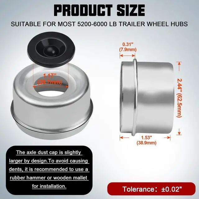 Alt view image 2 of 7 - 2PCS 2.44" Trailer Axle Wheel Hub Dust Cap Trailer Bearing Dust Cap with 4 Rubber Plugs -Wheel Center Caps Grease Covers for Trailers, Fits Most 5200 to 6000 Pound Ib Dexter EZ Lube Trailer