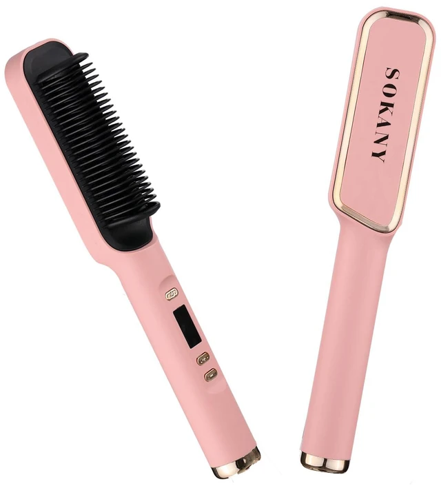 Main image of 2 in 1 Hair Straightener Brush for Women, Hot Comb Adjustable Temperature | LCD Display, Anti-Scald Design, PTC Fast Heating in 30s, Auto Shut-Off, Professional Styling Tool (Pink)