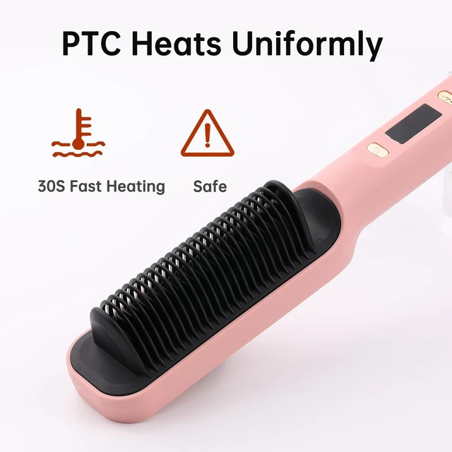 Alt view image 3 of 7 - 2 in 1 Hair Straightener Brush for Women, Hot Comb Adjustable Temperature | LCD Display, Anti-Scald Design, PTC Fast Heating in 30s, Auto Shut-Off, Professional Styling Tool (Pink)
