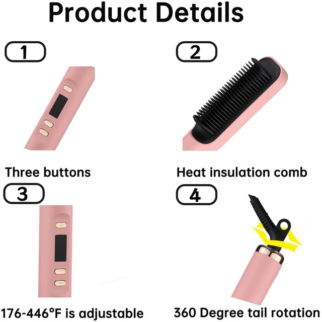 Alt view image 6 of 7 - 2 in 1 Hair Straightener Brush for Women, Hot Comb Adjustable Temperature | LCD Display, Anti-Scald Design, PTC Fast Heating in 30s, Auto Shut-Off, Professional Styling Tool (Pink)