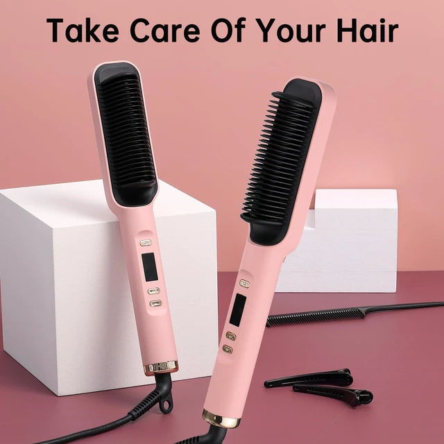 Alt view image 7 of 7 - 2 in 1 Hair Straightener Brush for Women, Hot Comb Adjustable Temperature | LCD Display, Anti-Scald Design, PTC Fast Heating in 30s, Auto Shut-Off, Professional Styling Tool (Pink)