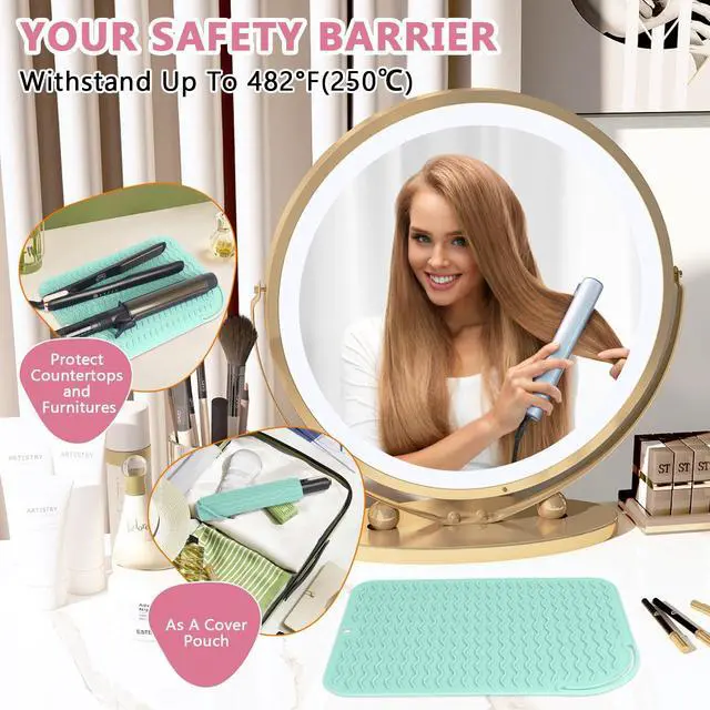 Alt view image 2 of 7 - Larger Size Silicone Heat Resistant Mat for Curling Irons, Flat Irons, Hair Straightener and Other Hair Styling Tools, Portable Hot Tools Pad Cover for Travel Vanity Salon(12.0" x 9.0")